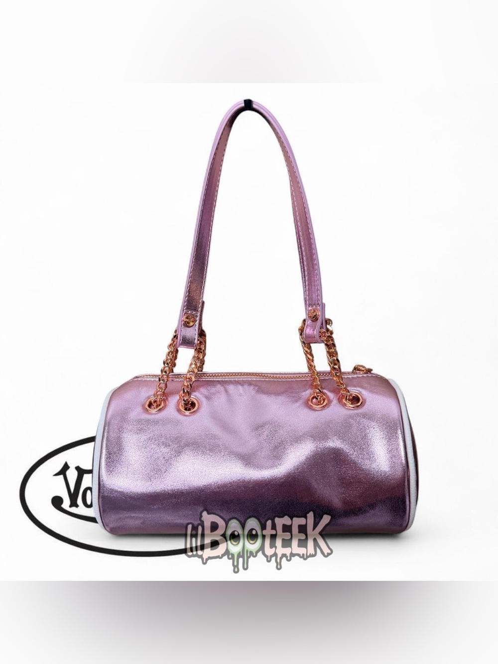 Von Dutch Rose Pink Metallic Barrel Shoulder Bag w Embroidered Logo VIRAL Y2K - Picture 2 of 5